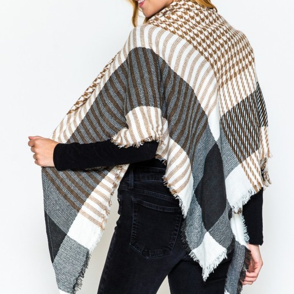 Houndstooth Plaid Triangle Scarf, Tan/Black/White - Picture 2 of 8